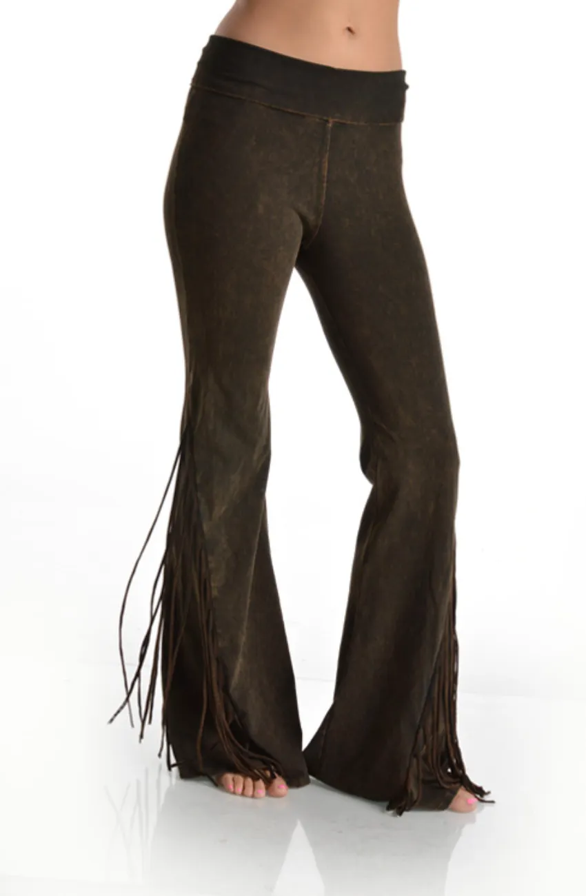 T-Party Mineral Wash Fringe Foldover Yoga Pants - Camel