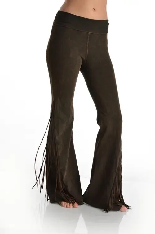 T-Party Mineral Wash Fringe Foldover Yoga Pants - Camel