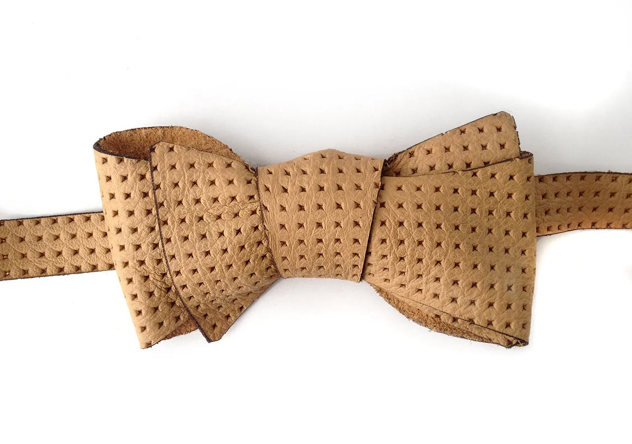 Tan Embossed Automotive Leather Bow Tie