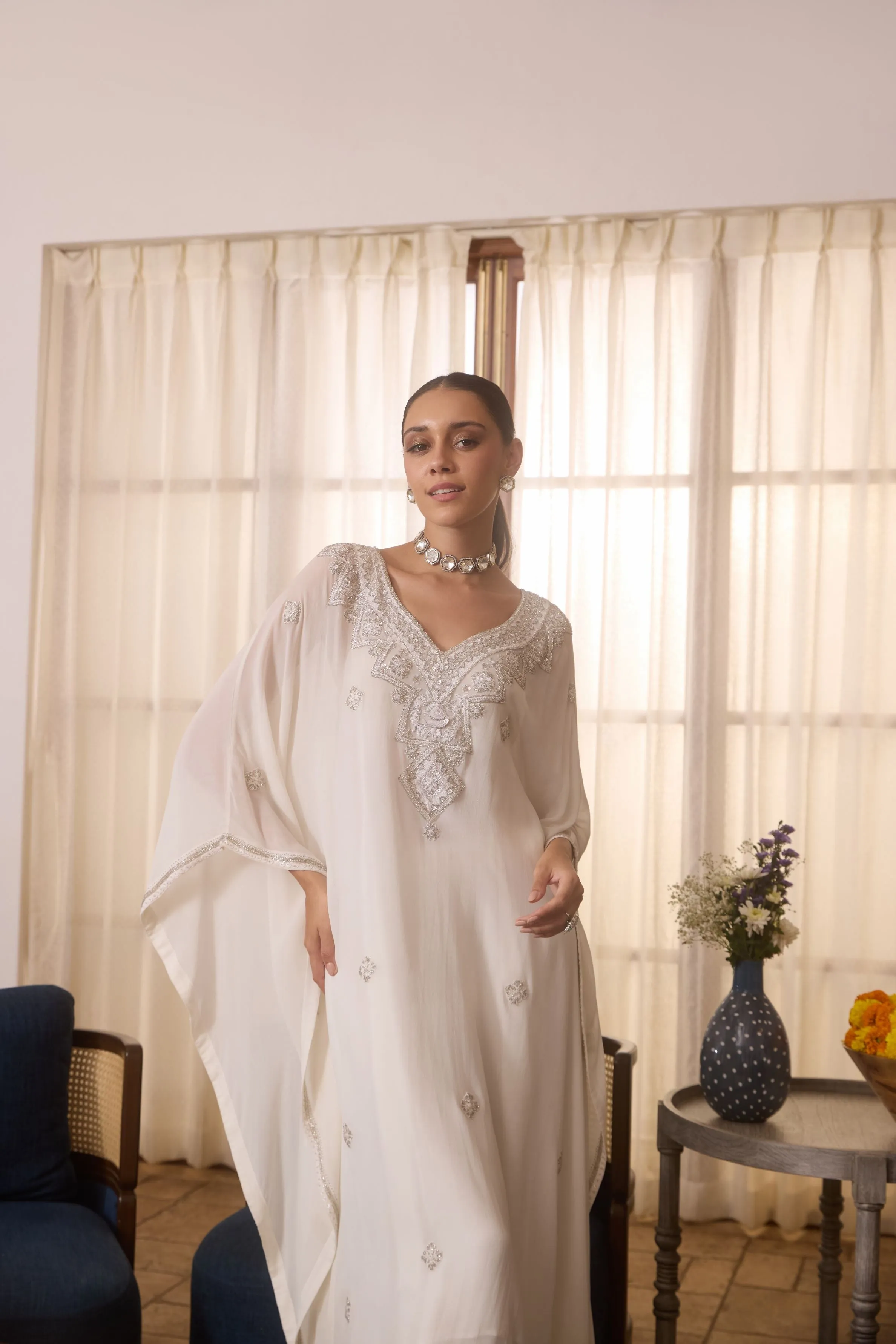 White Embellished Georgette Silk Kaftan Set